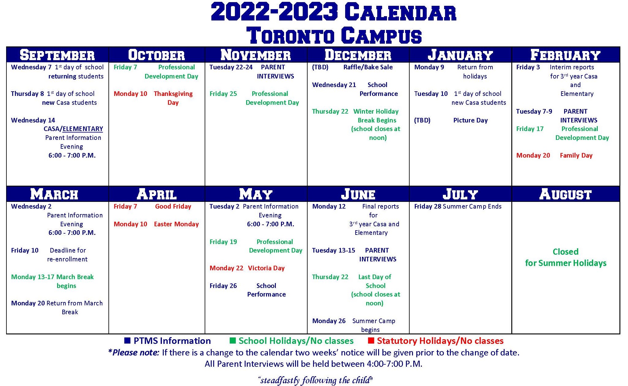 PTMS Calendar Toronto 20222023 P.T. Montessori School